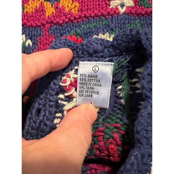 VTG Frankenmuth Woolen Mill Hand Knit Cotton Ramie Patchwork Pullover Sweater L - Picture 3 of 10